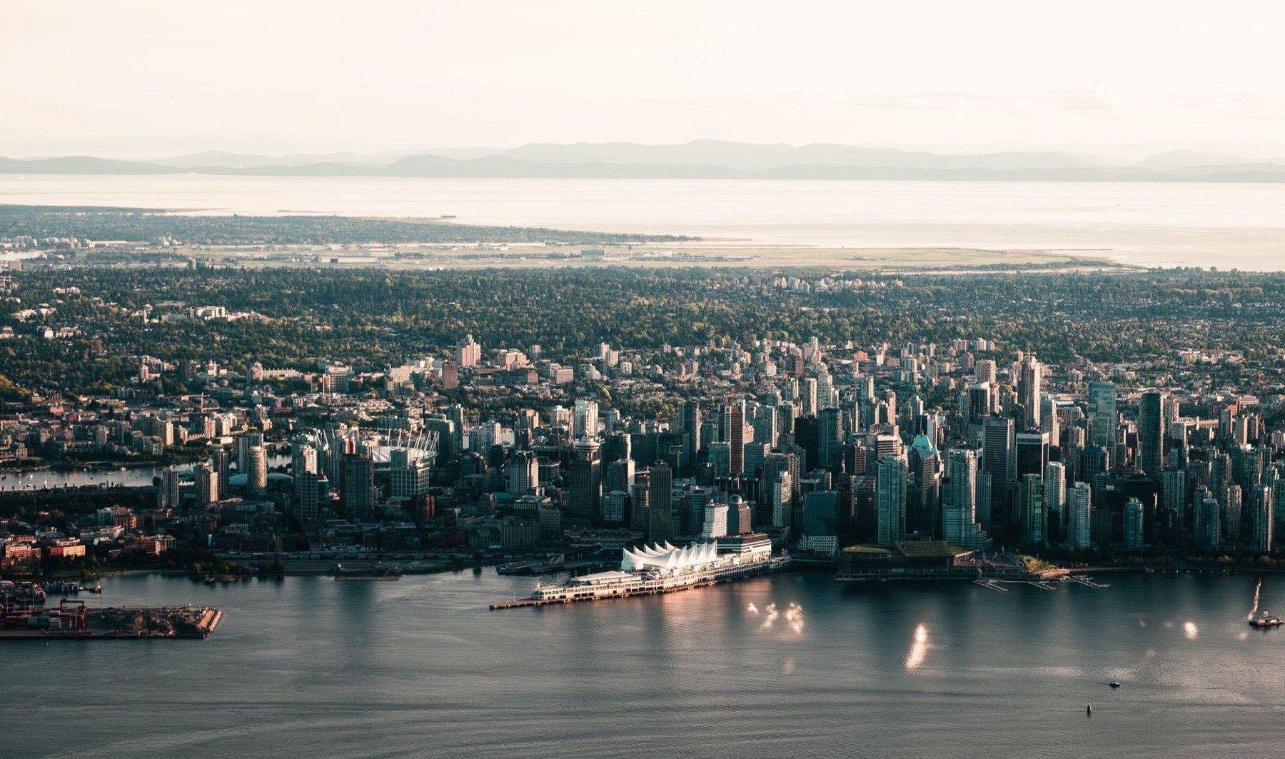 Aerial view of downtown Vancouver and its waterfront