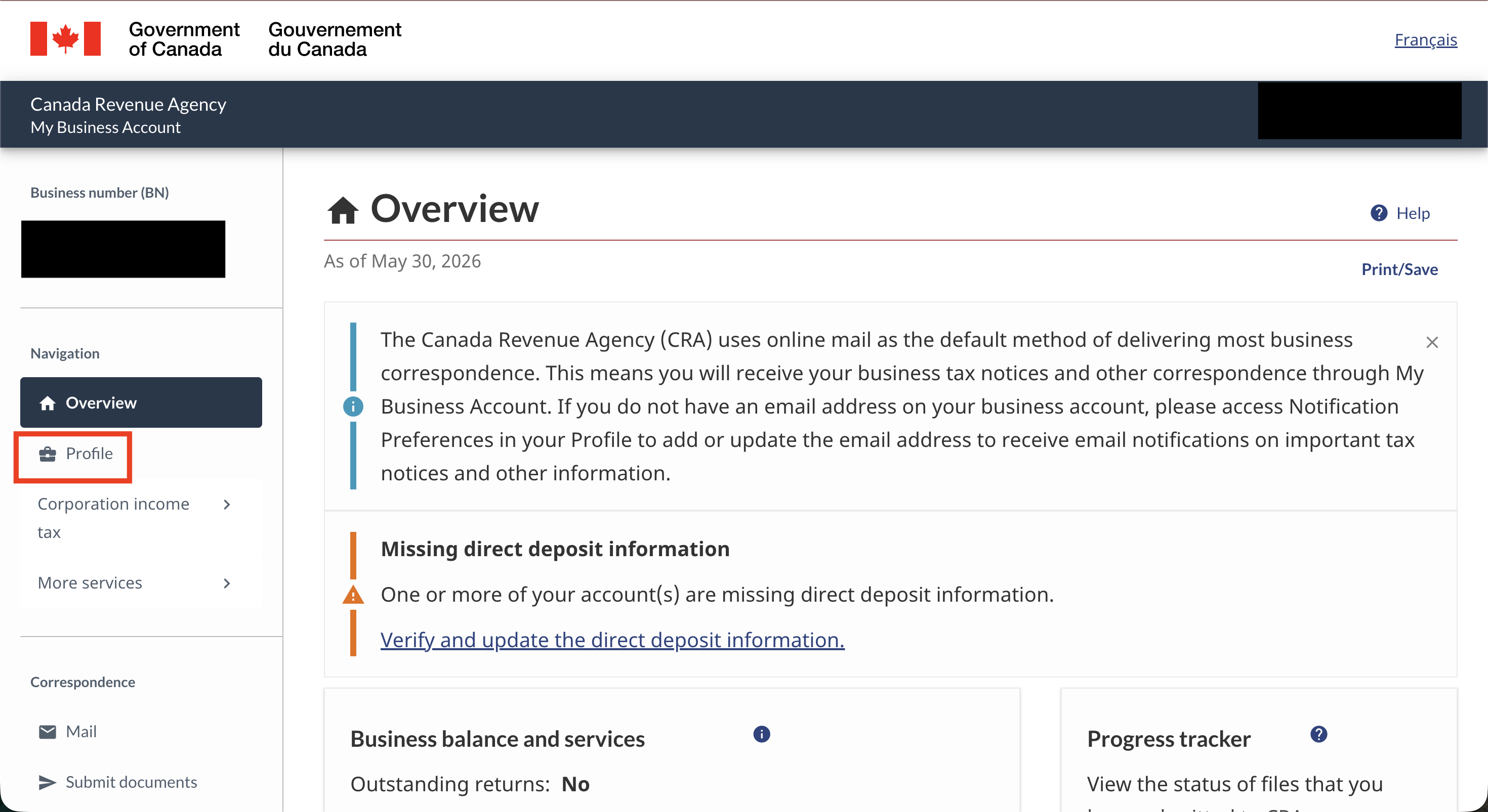 CRA My Business Account dashboard with Profile menu highlighted