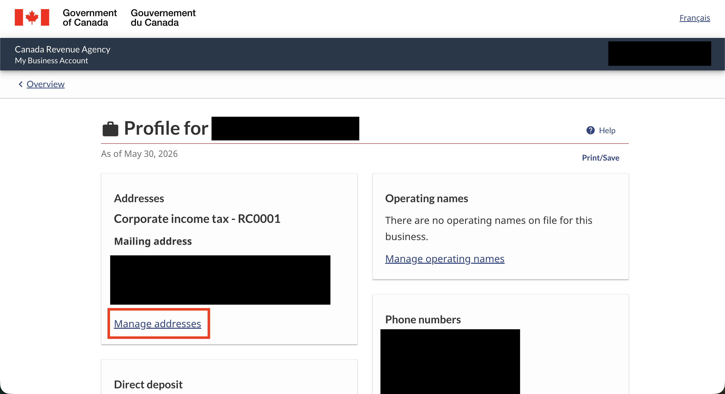 Manage addresses screen showing physical, mailing, and books and records options