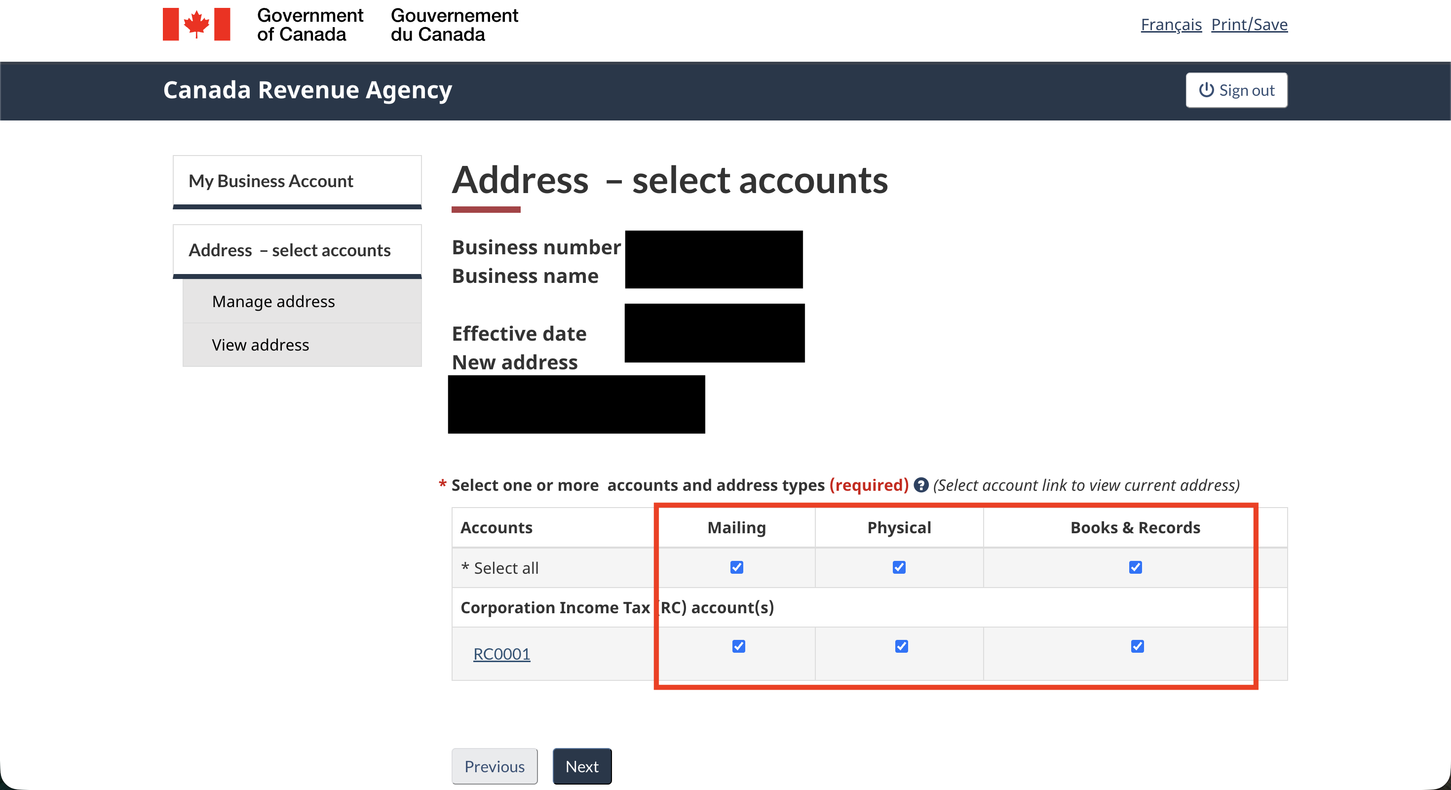 Program account selection with all checkboxes selected