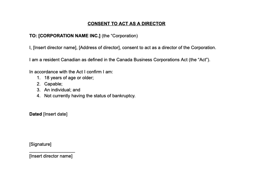 Example Consent to Act as a Director