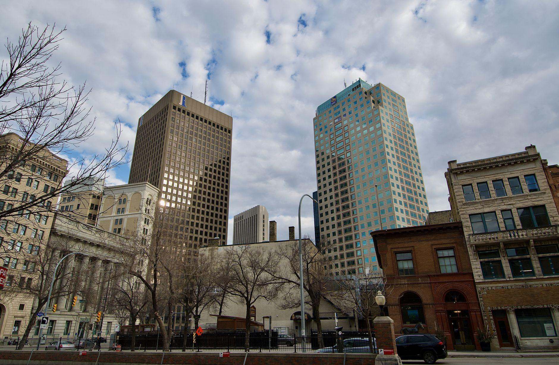Downtown Winnipeg skyline under a cloudy sky