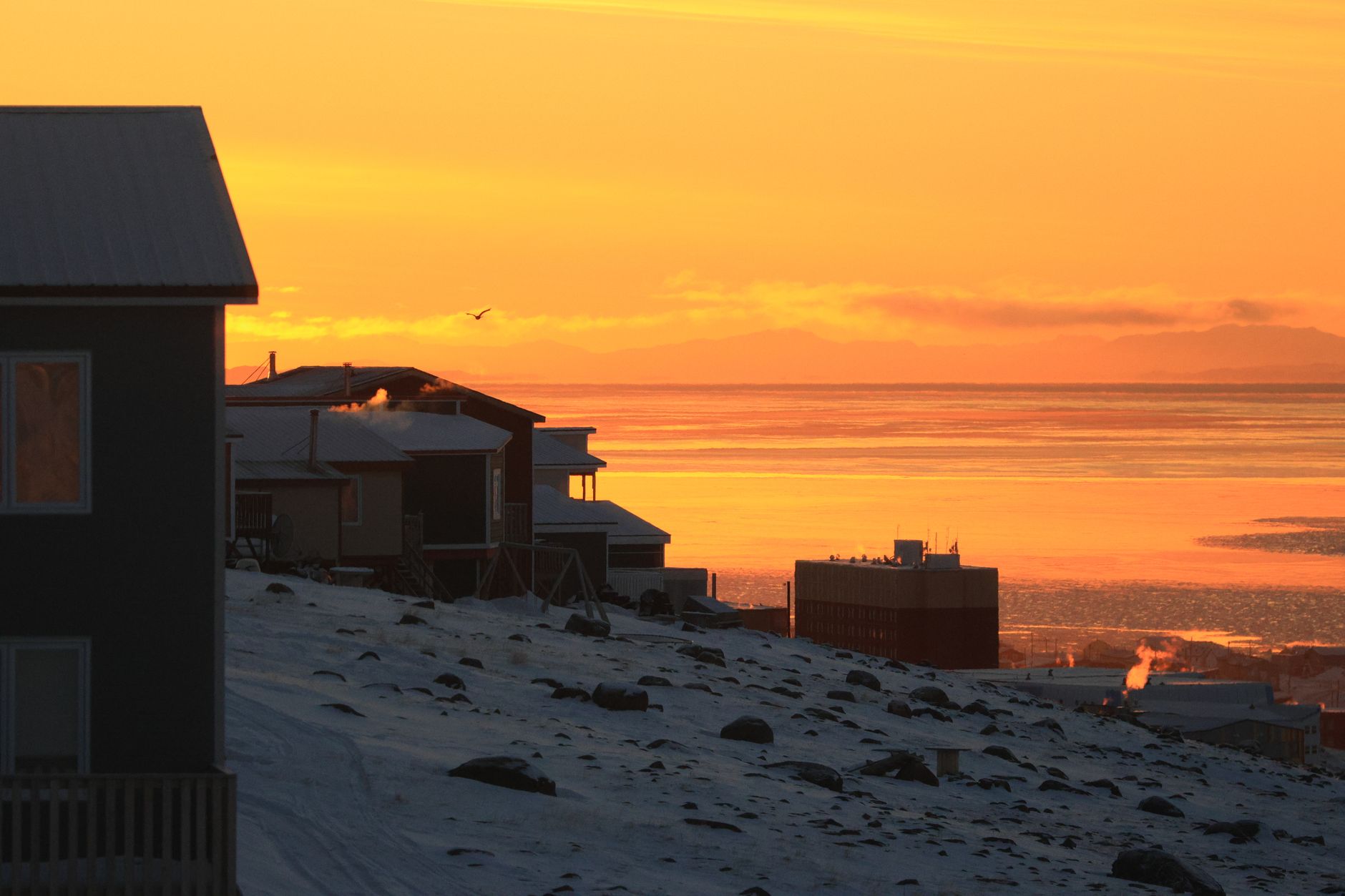 Iqaluit buildings at sunset during winter
