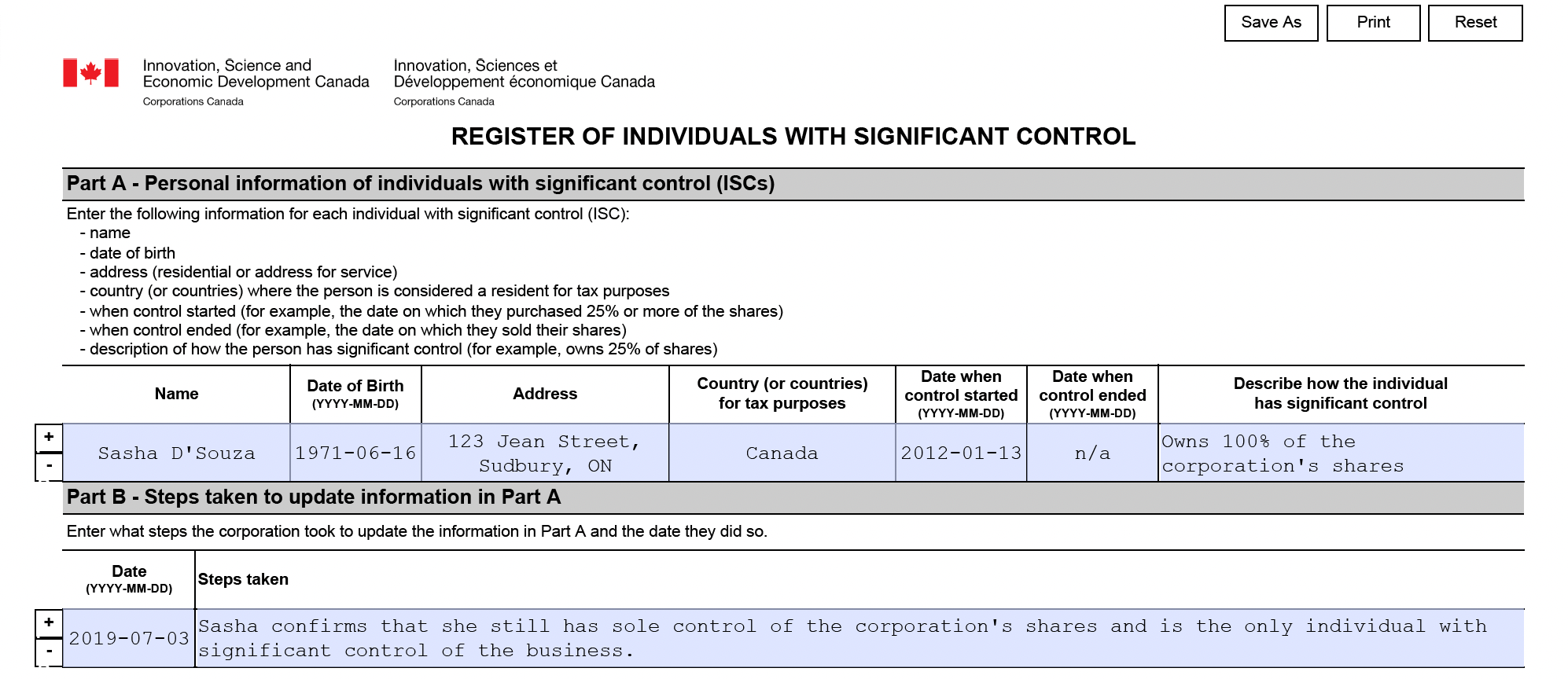 Example register of individuals with significant control