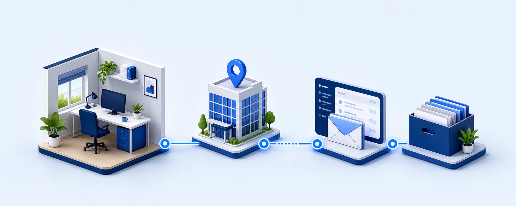 A home workspace connected to separate registered-office, digital-mail and corporate-record locations