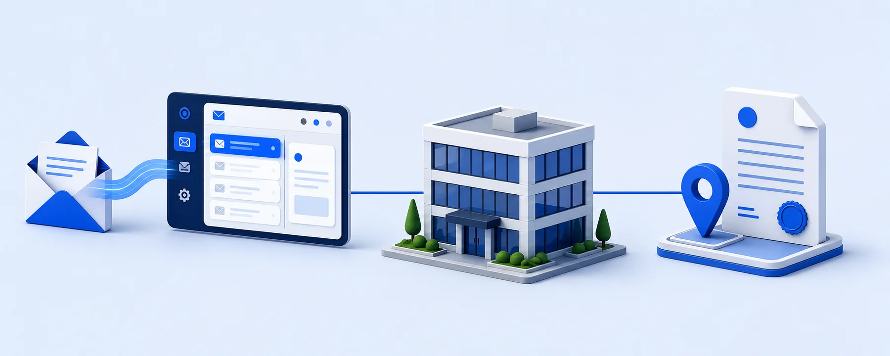 Digital mail service and a registered-office document shown as two functions connected to one commercial address